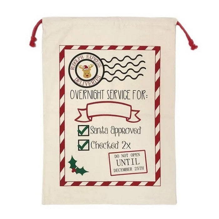 Empty Santa sack in natural canvas with red cord.