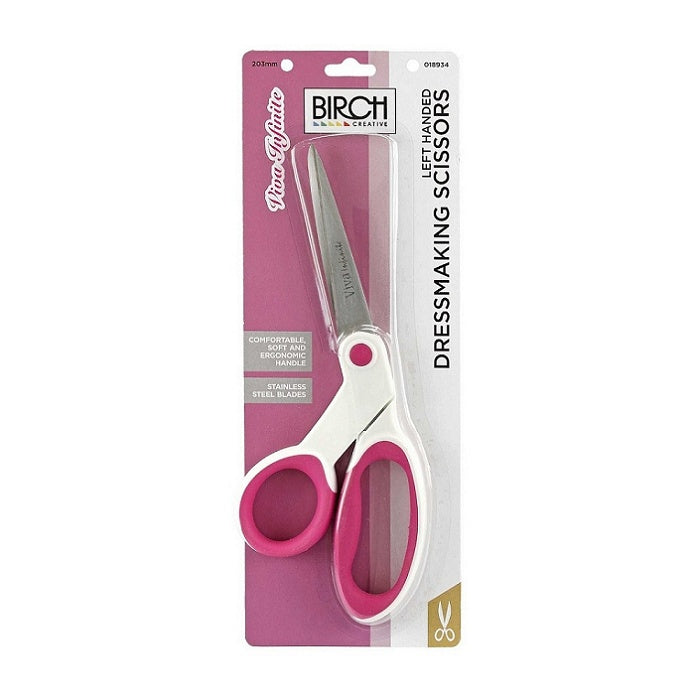 Left handed sewing scissors with pink and white handles.
