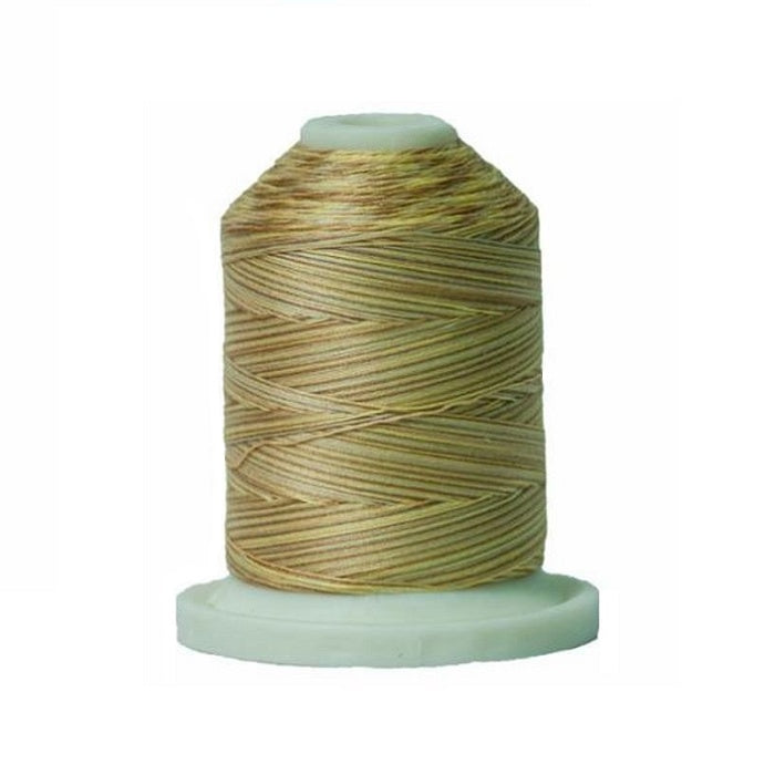 Mini king spool of beige variegated cotton thread.