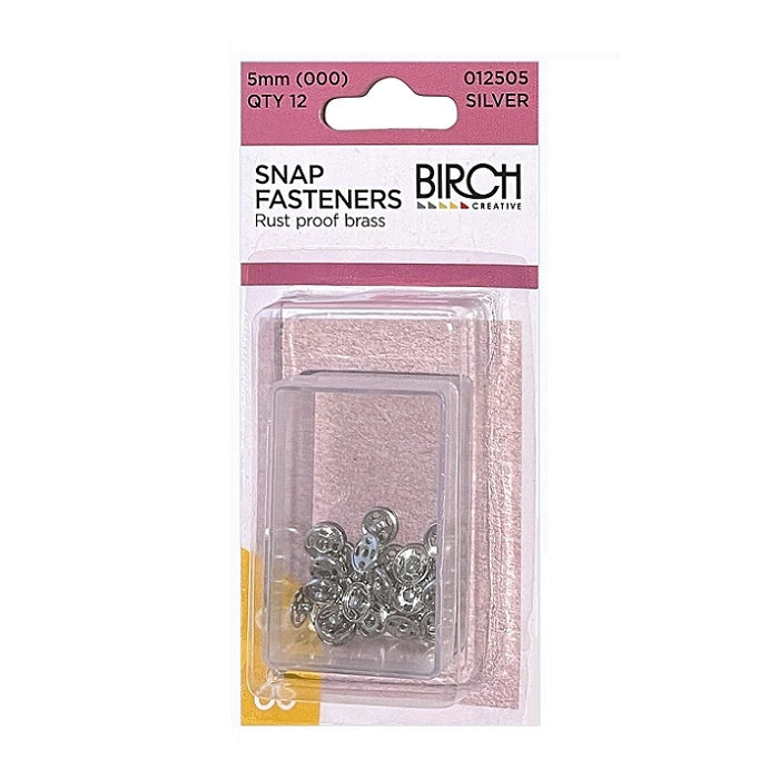 Pack of silver 5mm snap fasteners with Birch branding.