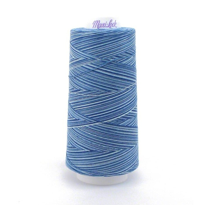 Blue variegated thread cone with Maxi-Lock branding.