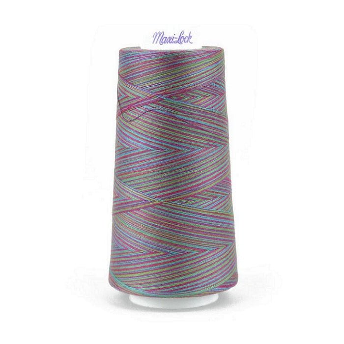 Colourful variegated thread cone with Maxi-Lock branding.