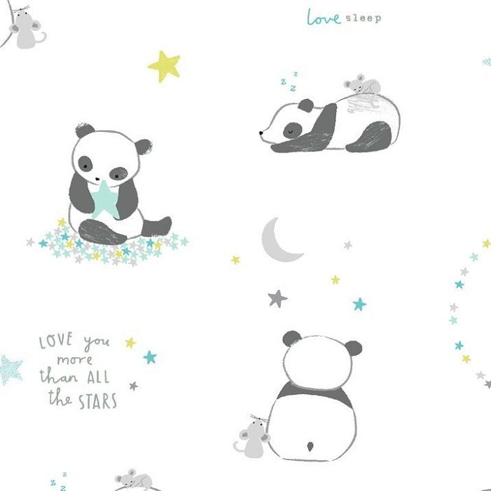 Black and white pandas in sitting and sleeping poses.