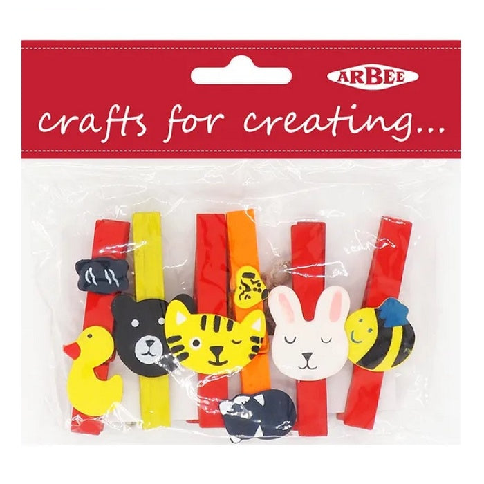 Pack of colourful animal wood pegs.