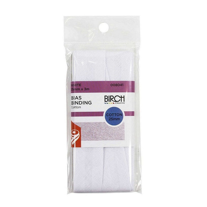 Packaged 25mm white cotton bias.