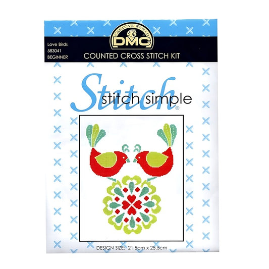 Cross stitch kit with two abstract red and green lovebirds facing each other.