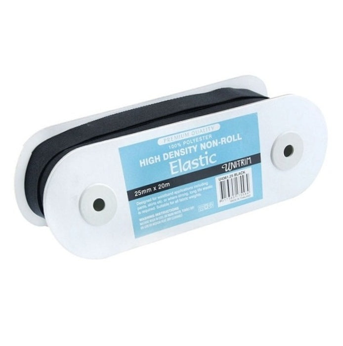 Roll of black non roll elastic with Uni Trim branding.