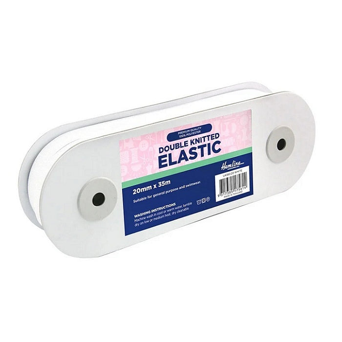 Roll of white double knitted elastic with Hemline branding. 
