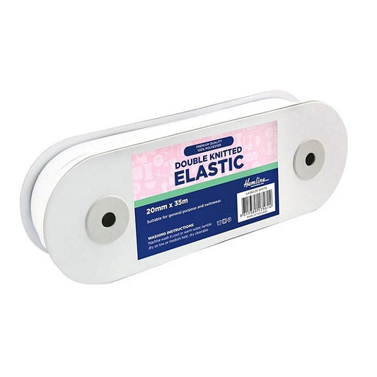 Roll of white double knitted elastic with Hemline branding. 