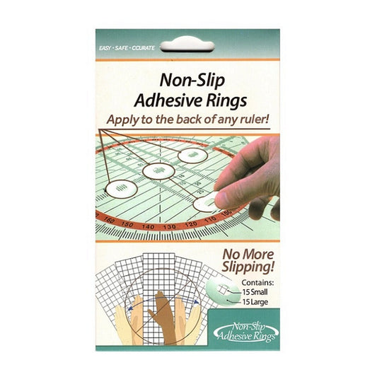 Packaged showing non slip adhesive rings on a quilting ruler.