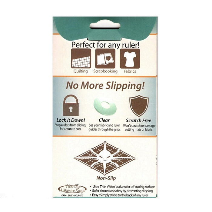 Back of packaging lisitng features of non slip adhesive rings.