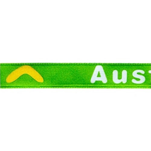 Narrow green satin ribbon with a yellow boomerang and Australia printed in white.