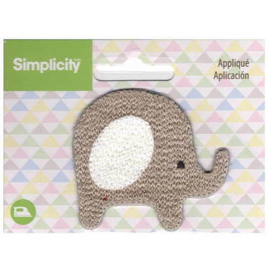 Baby elephant applique with Simplicity branding.