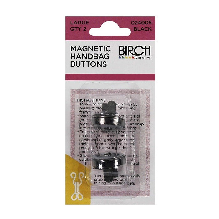 Packaged magnetic black bag buttons with Birch branding.