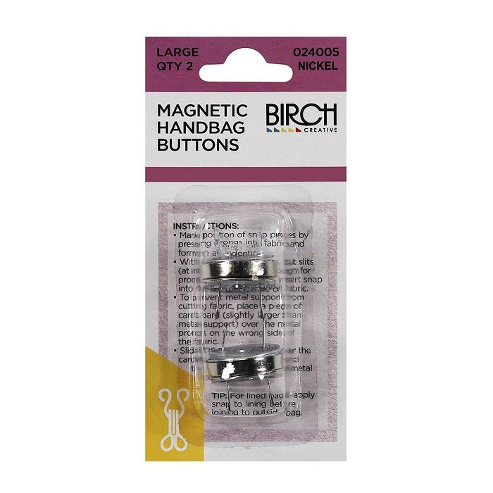 Packaged magnetic nickel bag buttons with Birch branding.