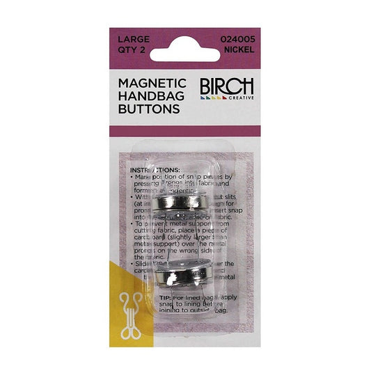 Packaged magnetic nickel bag buttons with Birch branding.