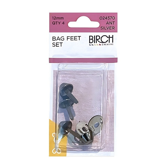 Pack of four sets of silver bag feet with Birch branding.