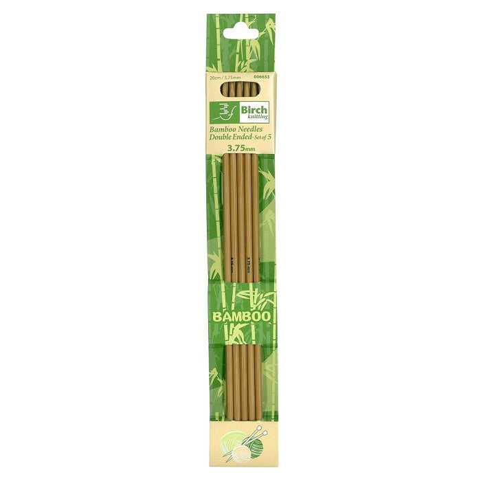Pack of five double pointed 3.75mm bamboo knitting needles with Birch branding.