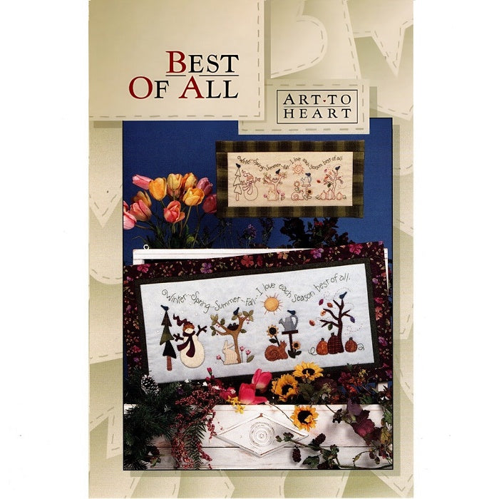 Sewing pattern cover of a wall art stitchery with four seasons theme.
