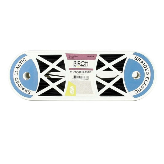Roll of black braided elastic with Birch branding.