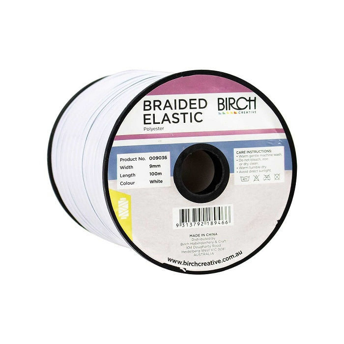 Large spool of white braided elastic with Birch branding.