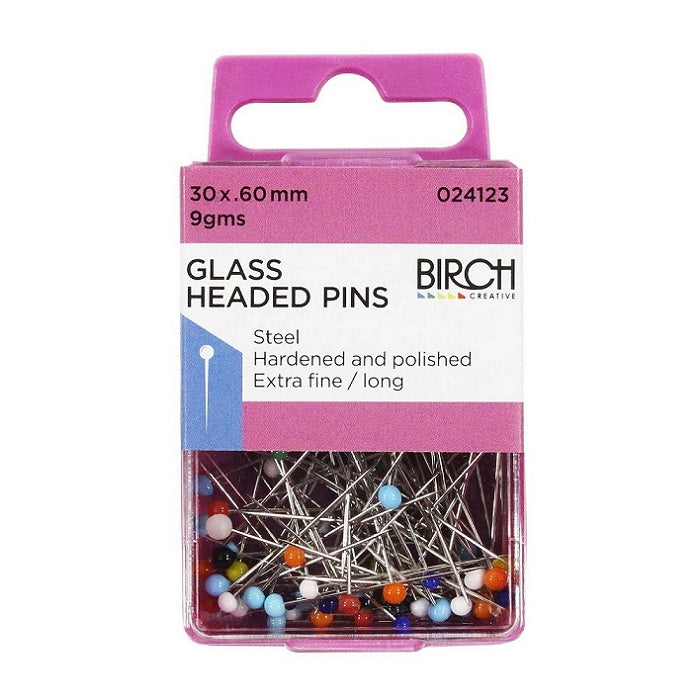 Pack of multi coloured glass head pins with Birch branding.