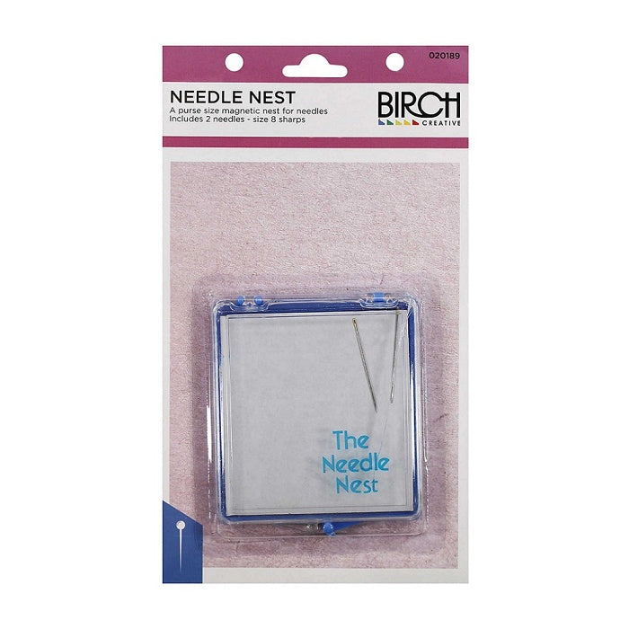 Square blue needle case with clear lid and Birch branding.