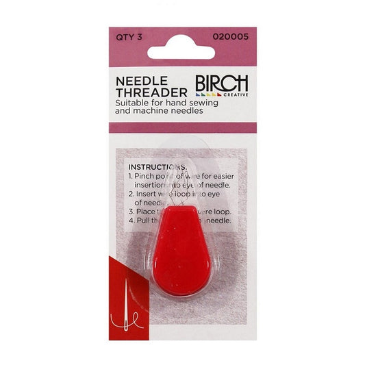 Packaged red needle threaders with Birch branding.