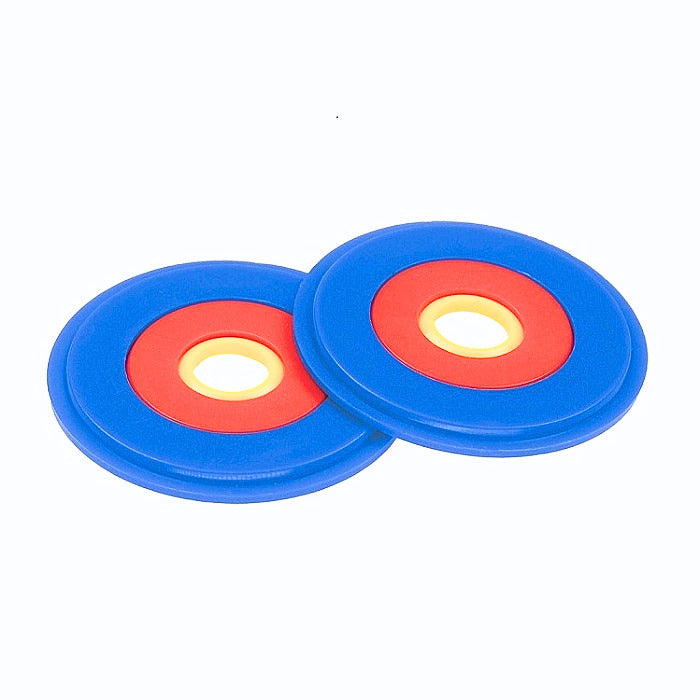 Two blue, red and white pom pom makers.