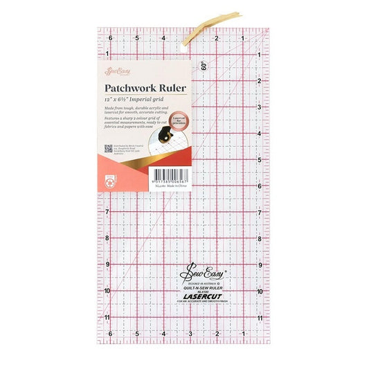 Clear patchwork ruler wiith Sew Easy branding.