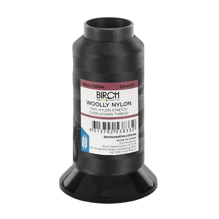 Cone of black woolly nylon thread with Birch branding.