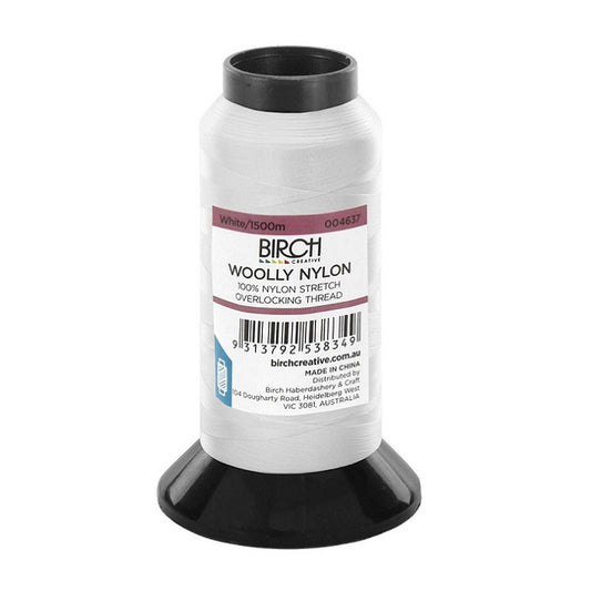 Cone of white woolly nylon thread with Birch branding.
