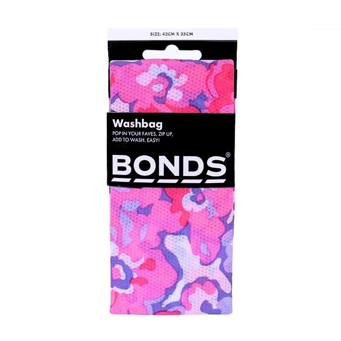 Pink floral design washbag in Bonds packaging.