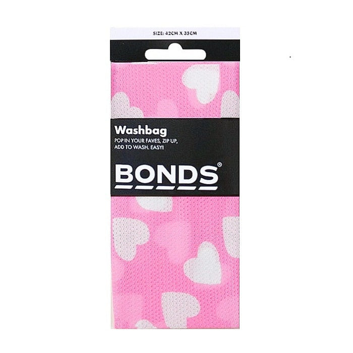 Pink with white hearts design washbag in Bonds packaging.