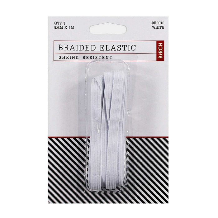 Packaged white elastic with Birch branding.