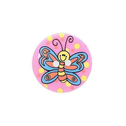 Colourful pink button with a butterfly design.