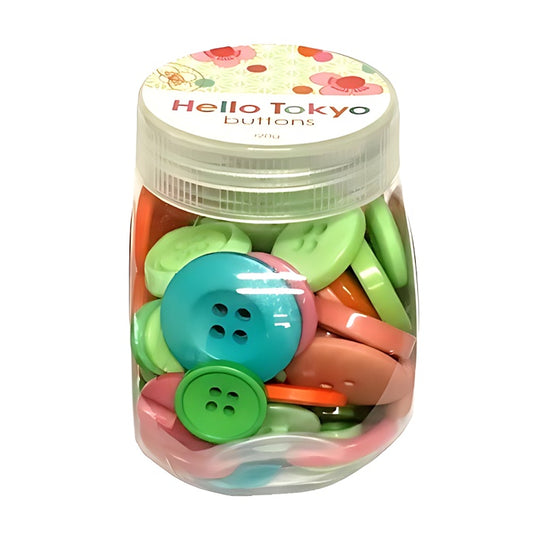 Plastic jar of colourful buttons.
