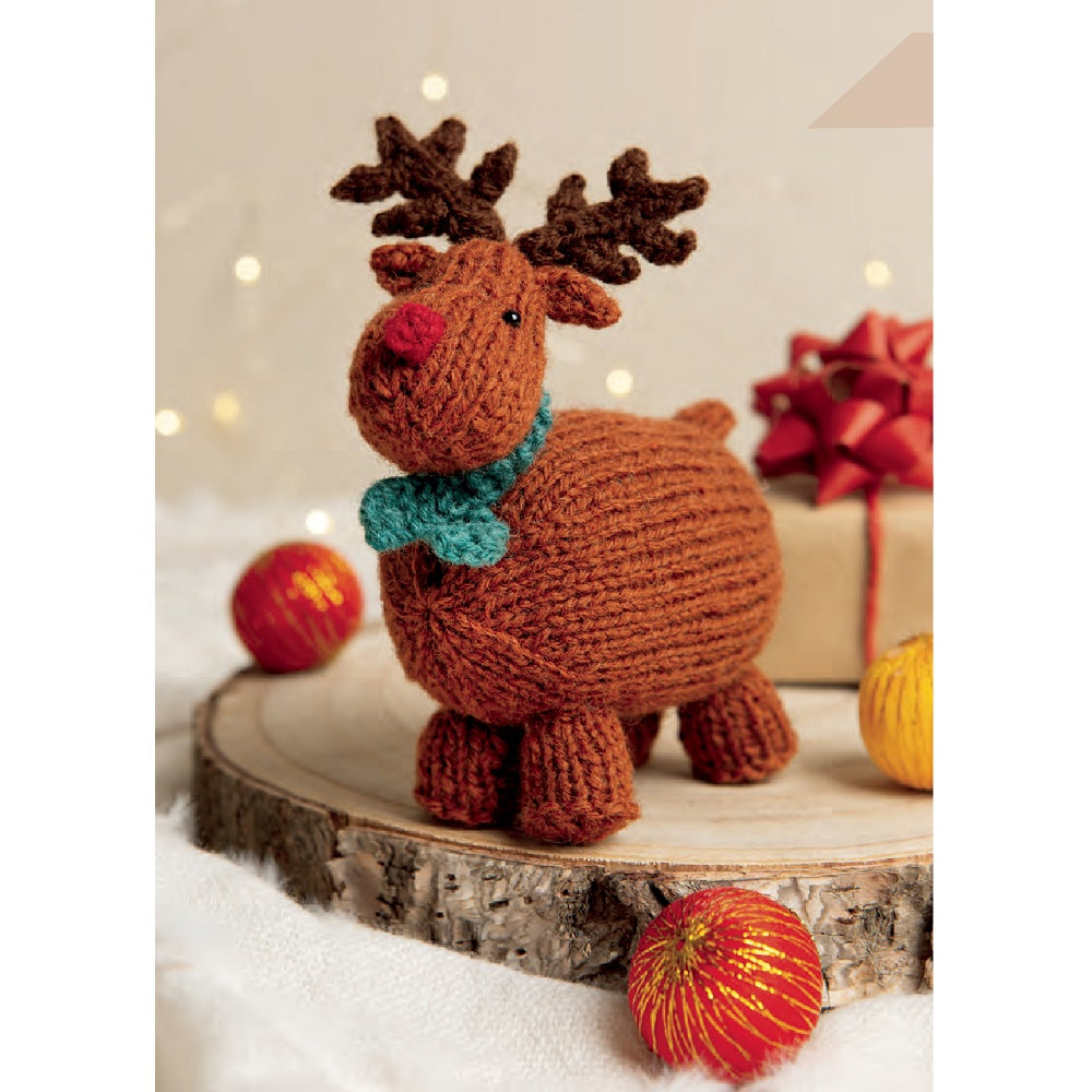 Knitted brown reindeer toy with antlers, a red nose, and a teal scarf.