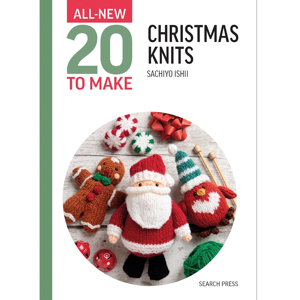 Small knitted Santa, gingerbread man, robin and striped candies.