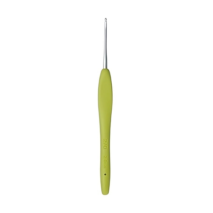 Crochet hook with light green non slip handle.