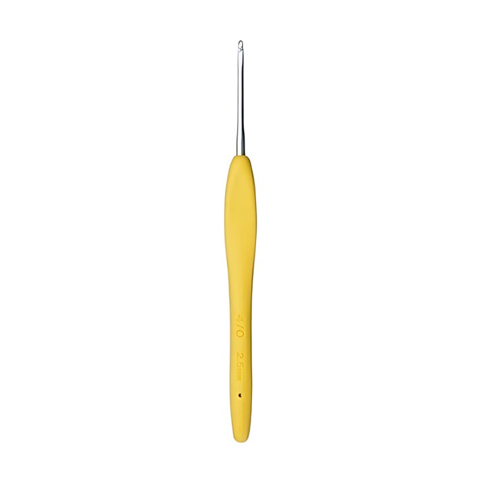 Crochet hook with yellow non slip handle.