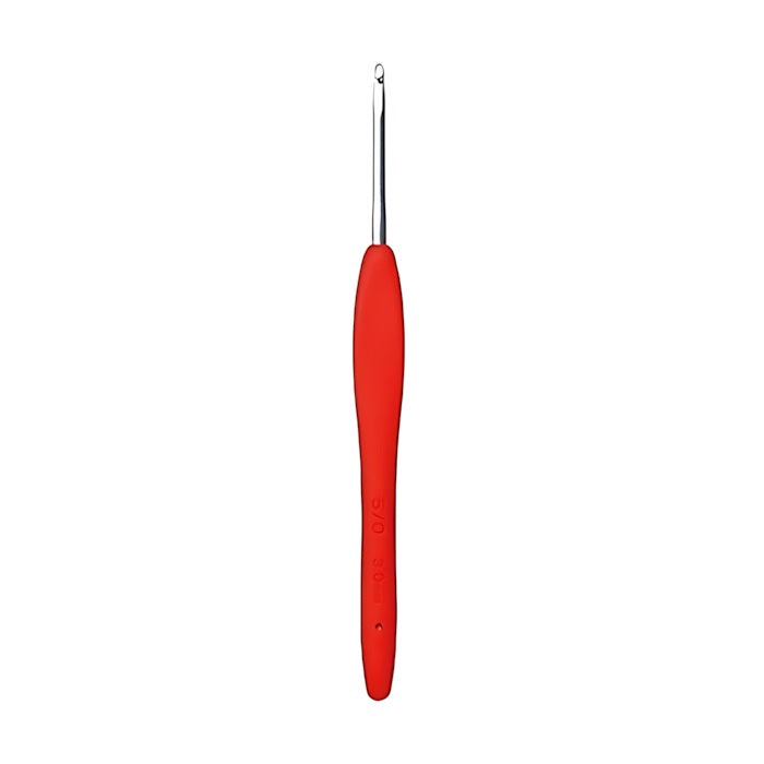 Crochet hook with dark orange non slip handle.