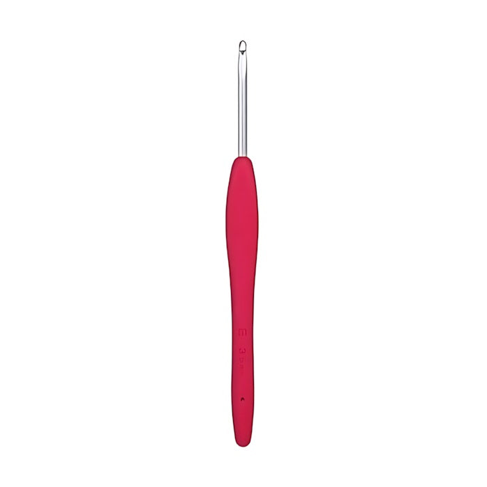 Crochet hook with red non slip handle.