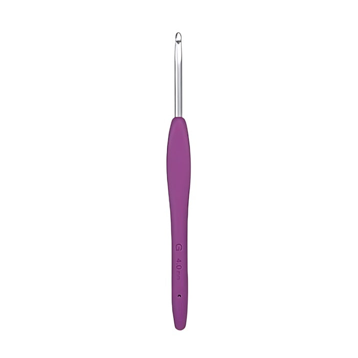 Crochet hook with purple non slip handle.