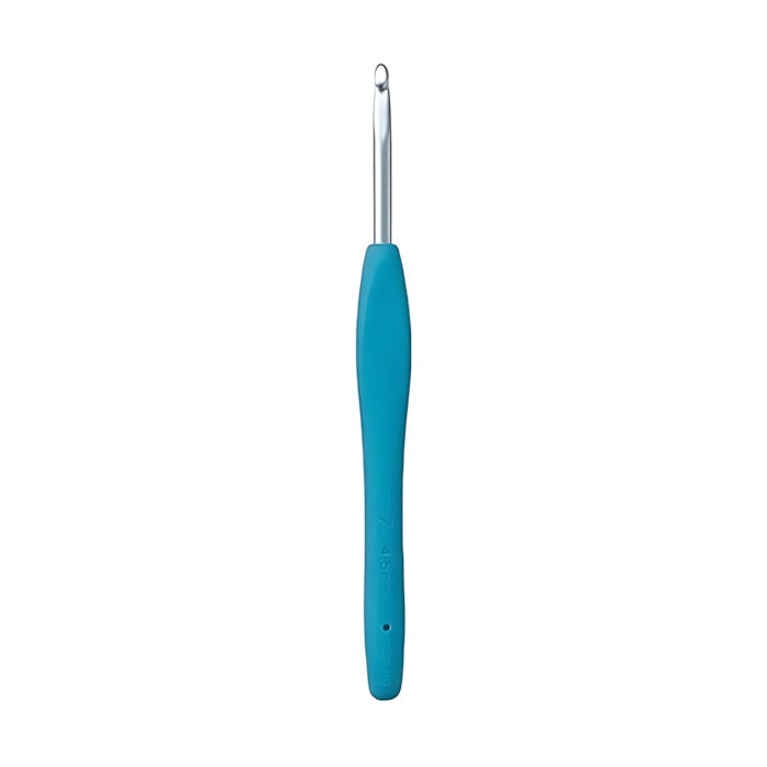 Crochet hook with aqua blue non slip handle.