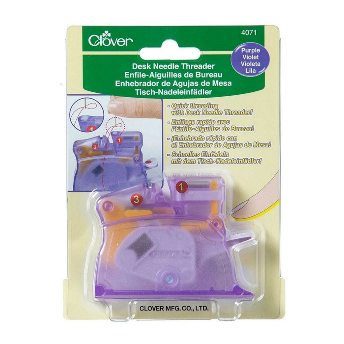 Packaged purple desk needle threader with Clover branding.