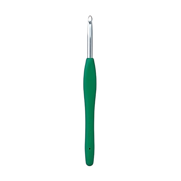 Crochet hook with green non slip handle.