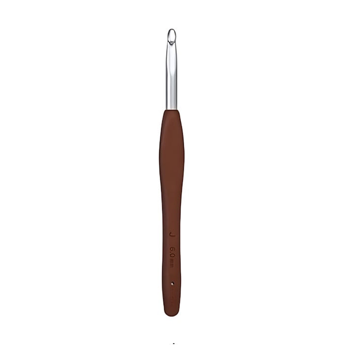 Crochet hook with brown non slip handle.