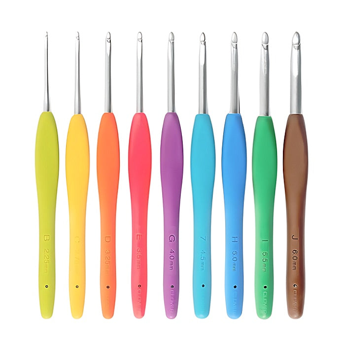 Set of bright colourful crochet hooks.
