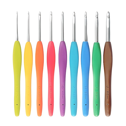 Set of bright colourful crochet hooks.